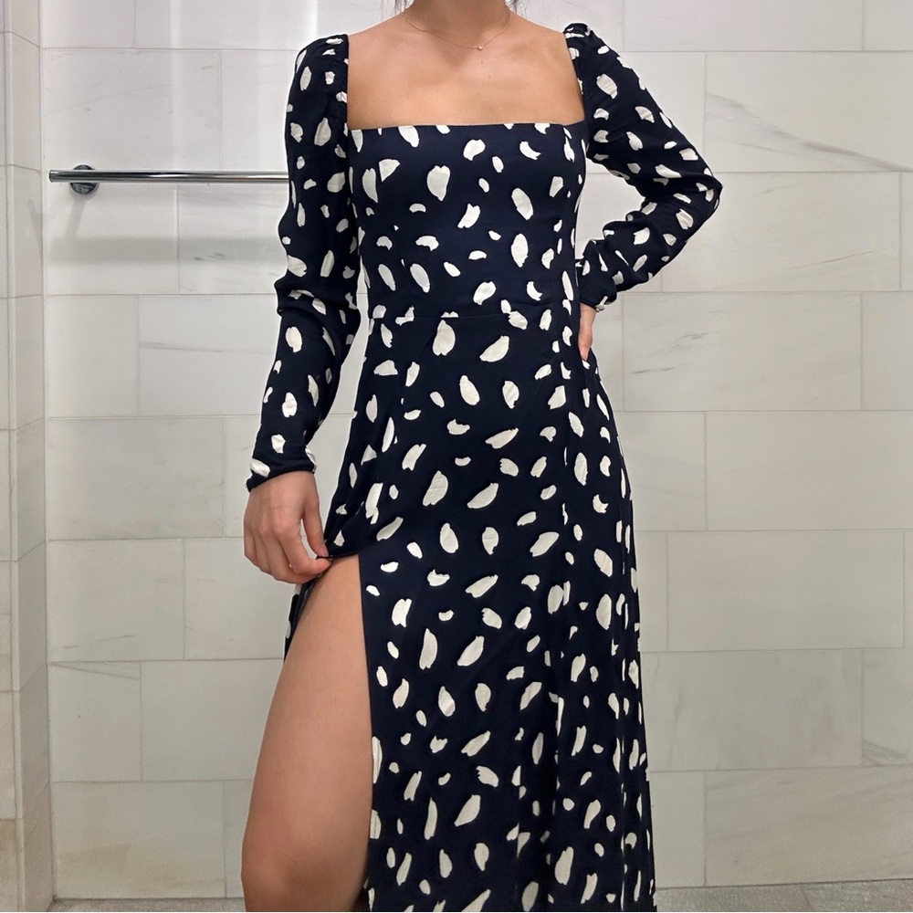 Reformation Navy and White Long Sleeve Slit Dress